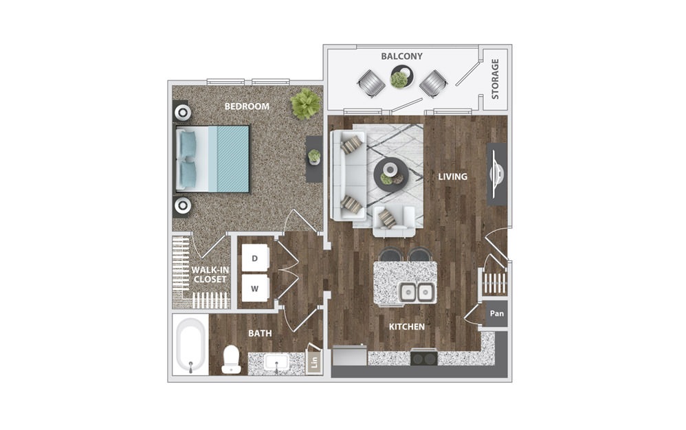 A2 - 1 bedroom floorplan layout with 1 bath and 650 square feet.