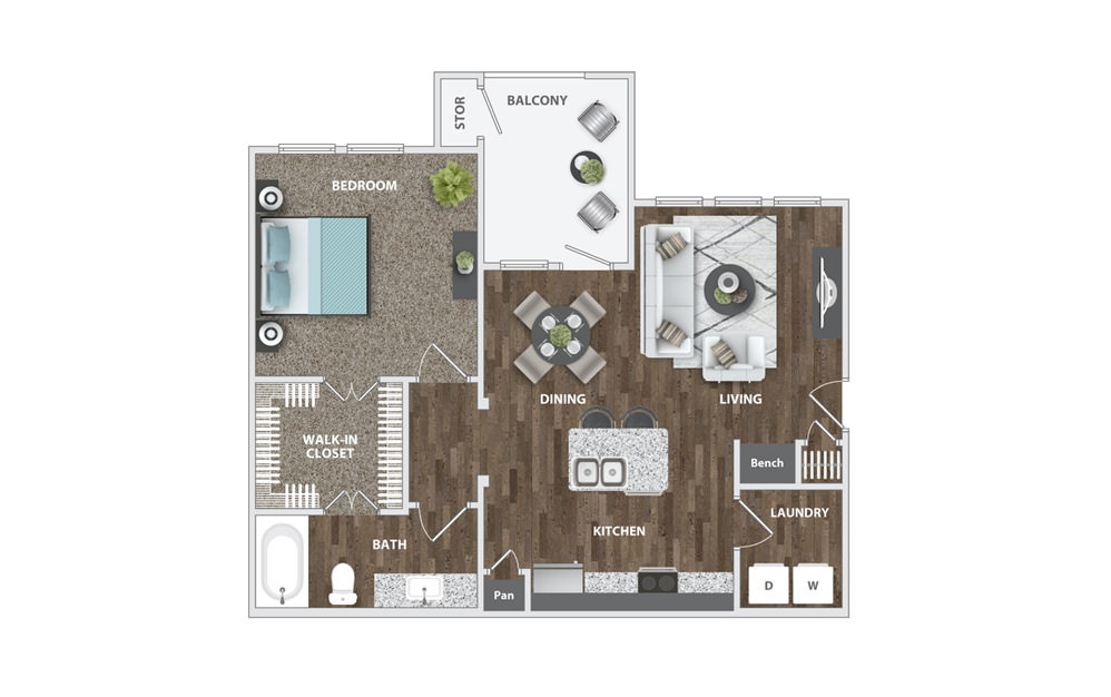 A3 - 1 bedroom floorplan layout with 1 bath and 735 square feet.