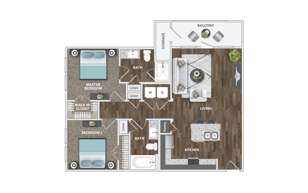 B1 - 2 bedroom floorplan layout with 2 baths and 900 square feet.
