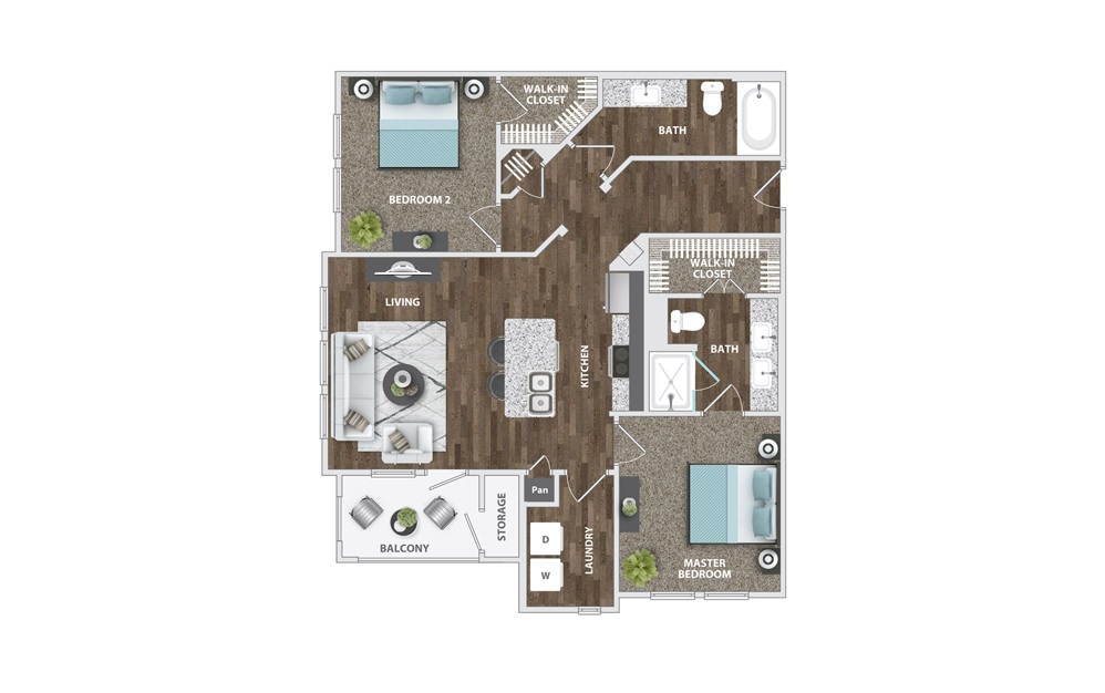 B2 - 2 bedroom floorplan layout with 2 baths and 1000 square feet.