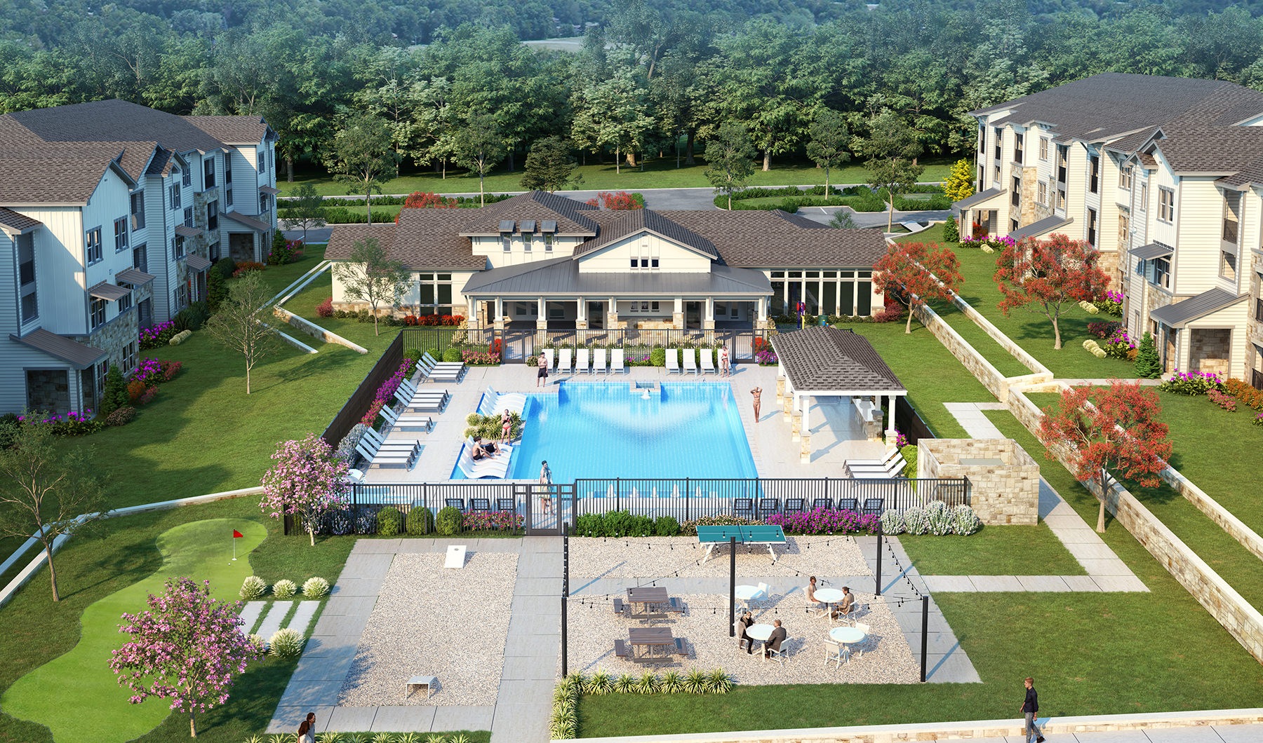 Aerial view of the sparkling blue swimming pool at Chisholm Trace Apartments